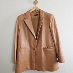 Alice + Olivia Dunn Vegan Leather Blazer Jacket Camel Tan Padded Shoulder L